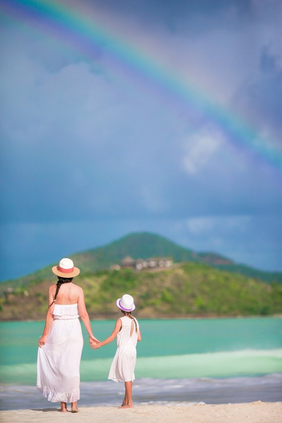 Mother and daughter on Caribbean beach